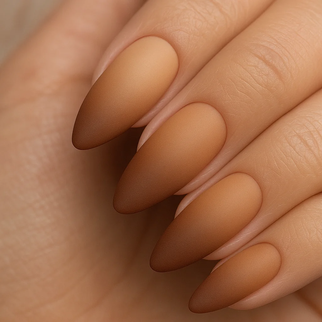 Earth tone ombré nails with tan caramel and brown gradient on almond shape — matte nail trend 2026