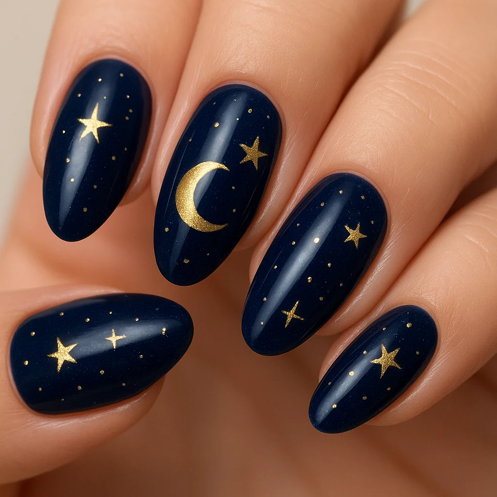 Celestial nails with hand-painted gold moon and stars on midnight blue base — nail art trend 2026