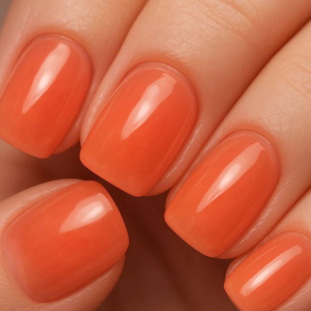 Jelly nails in translucent coral orange gel on short square shape — trendy nail design 2026