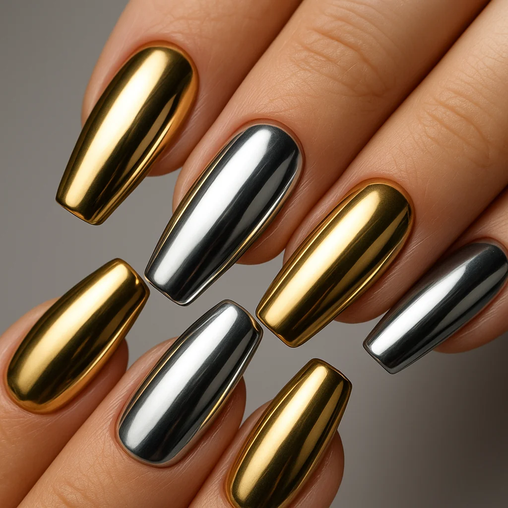 Mixed metal nails alternating gold and silver chrome on coffin shape — editorial nail trend 2026