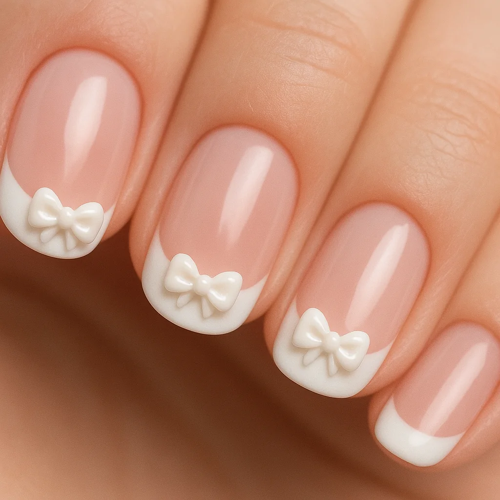 Bow French tip nails with 3D ribbon bow on classic white French and pink base — cute nail trend 2026