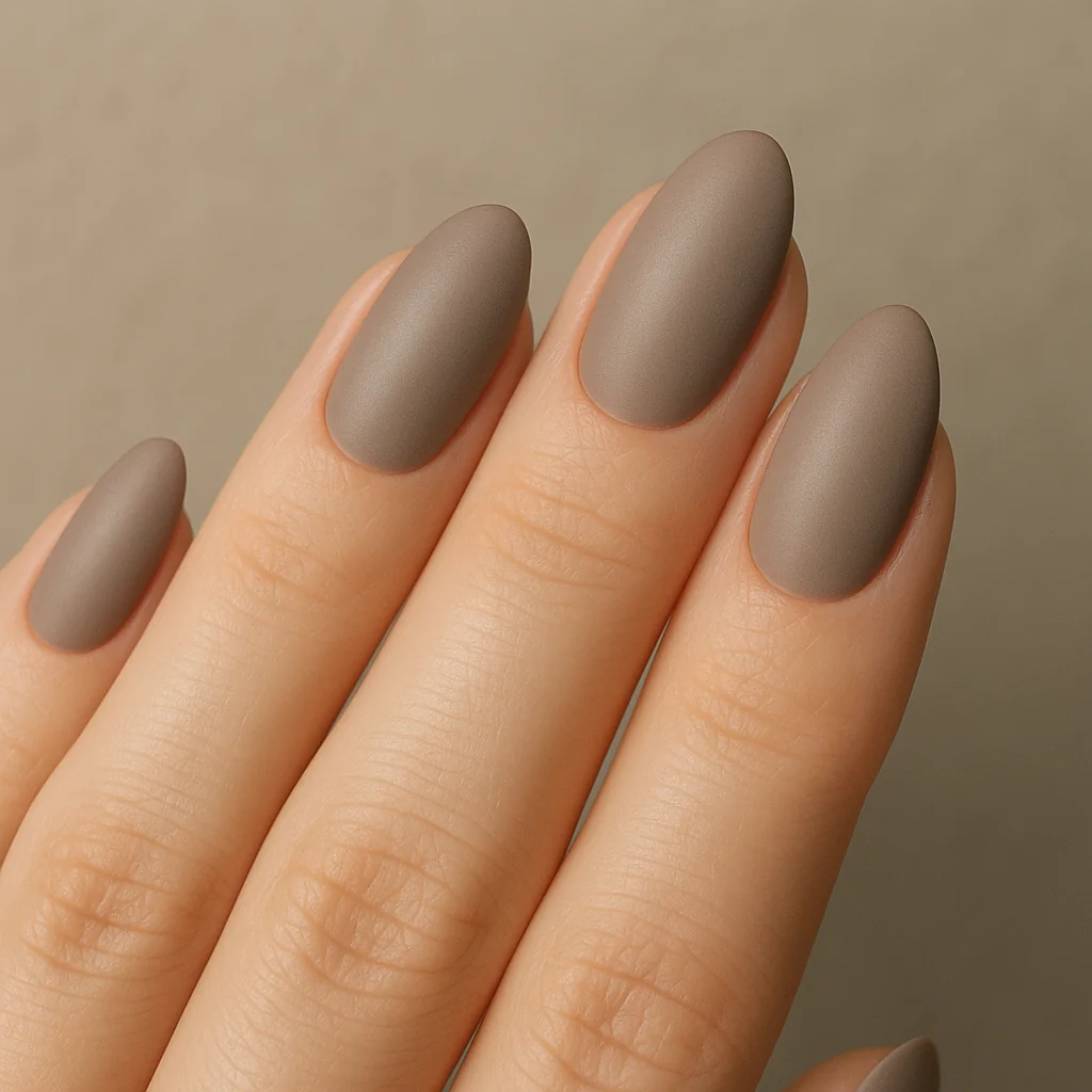 Mushroom taupe nails in warm greige semi-matte finish on almond shape — neutral nail color 2026