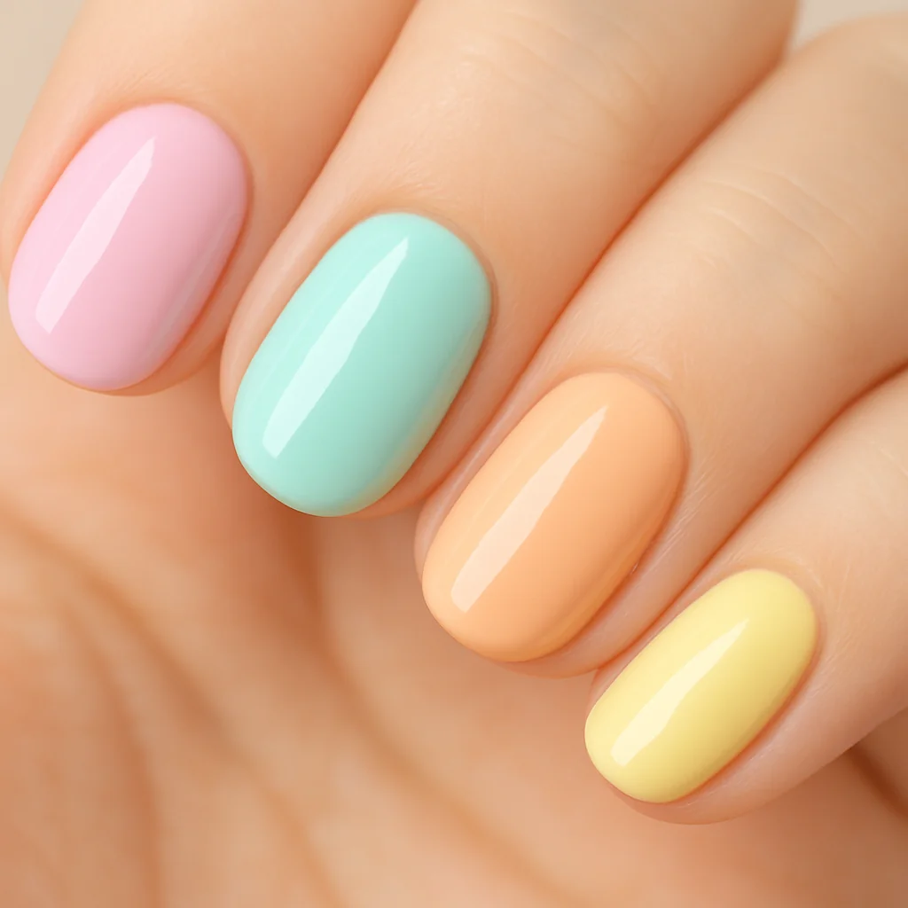 Pastel rainbow nails with each nail in a different soft pastel color — playful nail design 2026