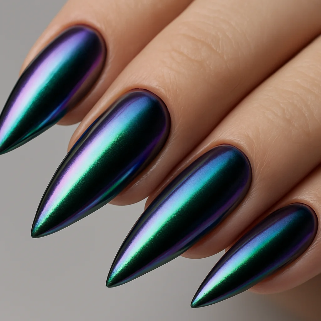 Futuristic iridescent chrome nails shifting from purple to green on stiletto shape — avant-garde nail trend 2026