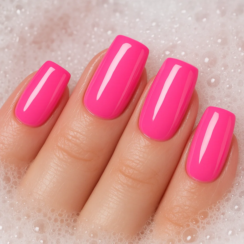 Barbiecore hot pink glossy nails on coffin shape — bold nail trend 2026