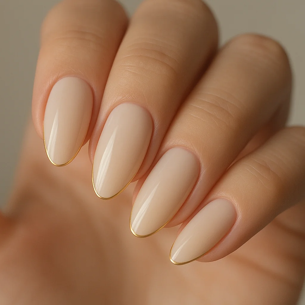 Quiet luxury nails in warm ivory with gold edge lining on almond shape — sophisticated nail design 2026