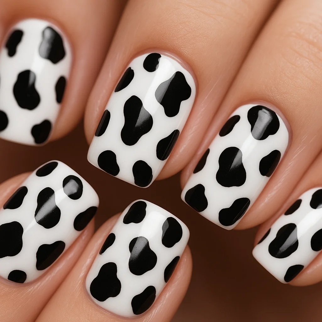 Cow print nails with white base and black spots on short square shape — playful nail art 2026