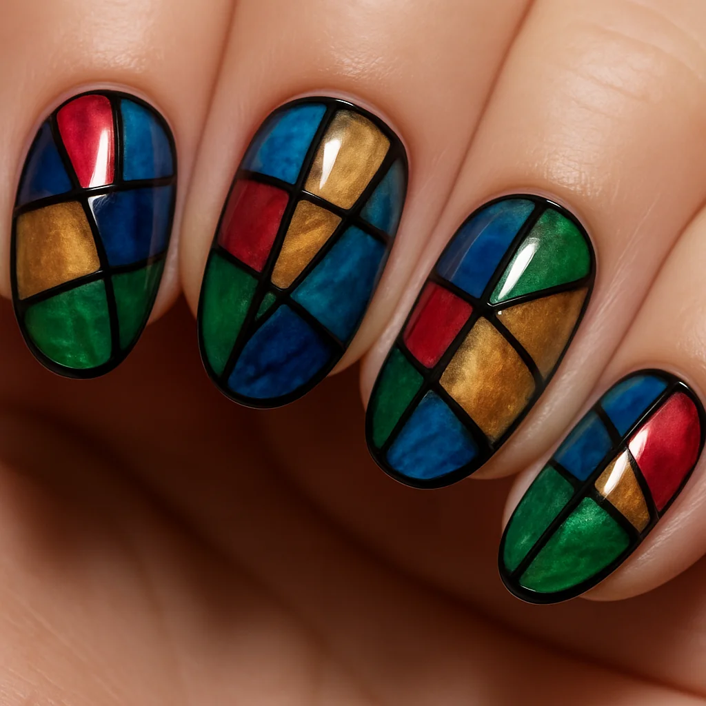Stained glass nails with translucent color sections divided by black lines on oval shape — artistic nail art 2026