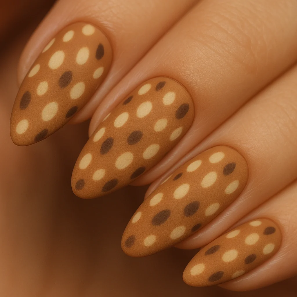 Deer print nails with tan base and brown cream spot pattern on almond shape — autumn nail art 2026