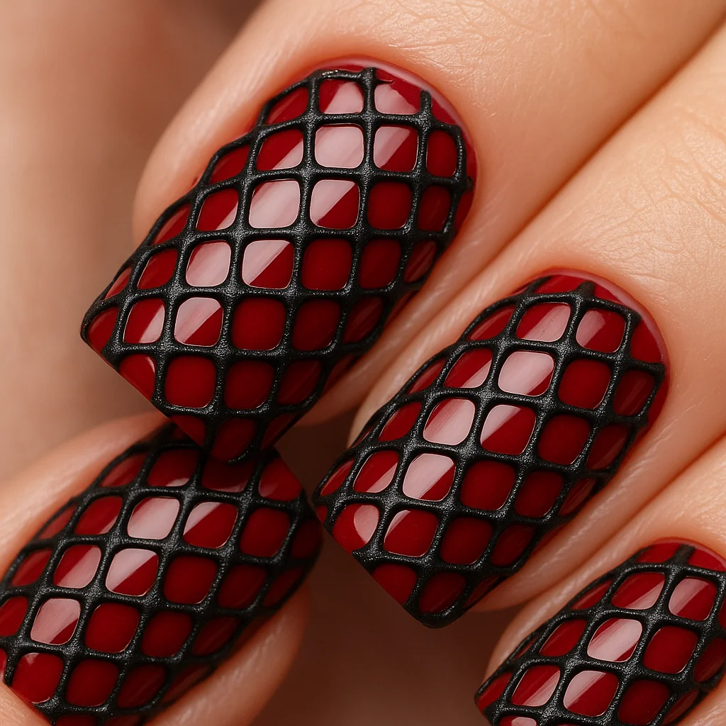 Fishnet texture nails with 3D mesh effect over red gel base on square shape — bold nail trend 2026