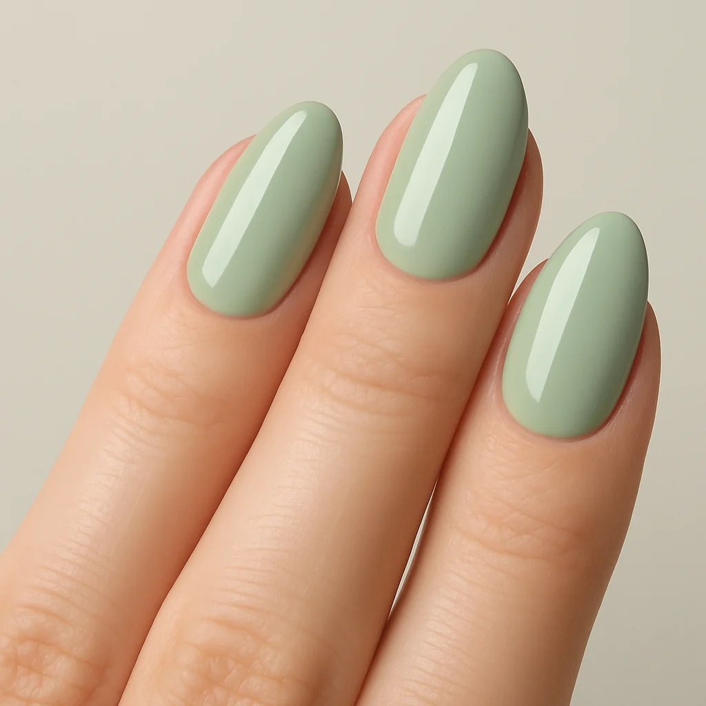 Pistachio green glossy nails on short almond shape — trending nail color 2026