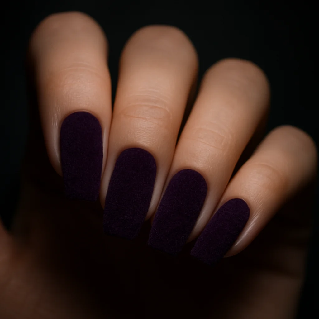 Velvet plum nails in deep purple with fuzzy matte texture finish on coffin shape — moody nail design 2026