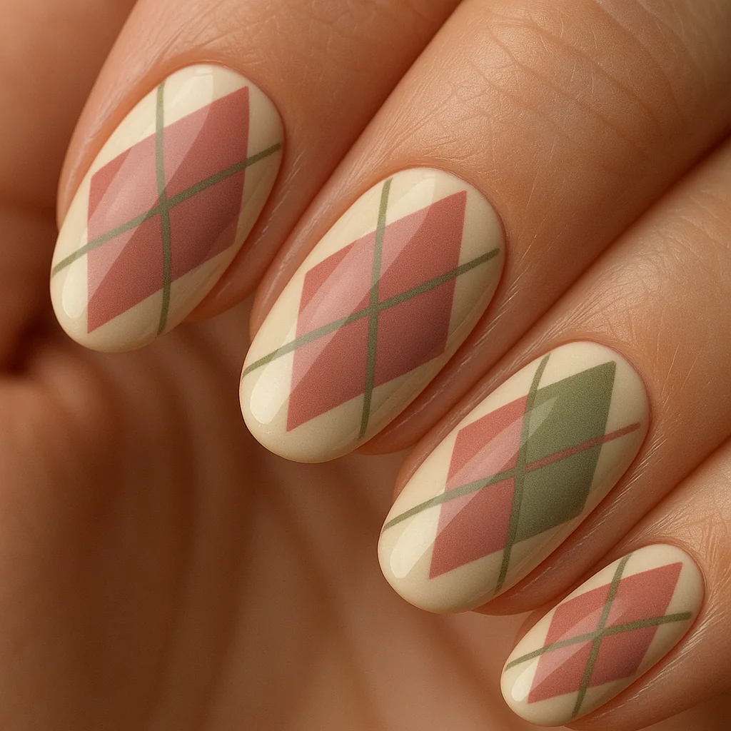 Retro argyle nails with cream base and dusty rose sage green diamond pattern on oval shape — preppy nail art 2026