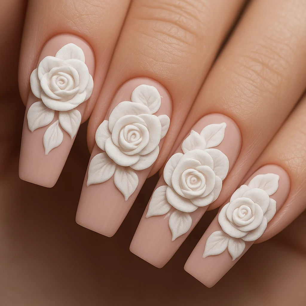 3D floral nails with sculptured gel roses on blush pink base on long coffin shape — luxury nail art 2026