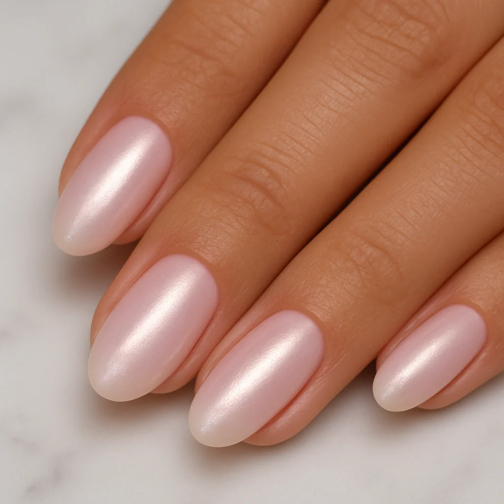Baby pink glazed donut nails with pearl shimmer ridge on medium skin on white marble — pink nail design 2026