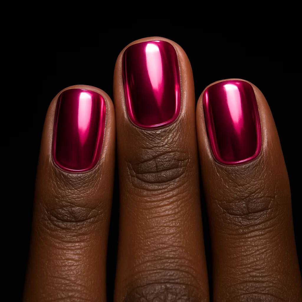 Hot pink chrome mirror nails on deep dark brown skin on black surface with overhead spotlight — bold pink nail 2026