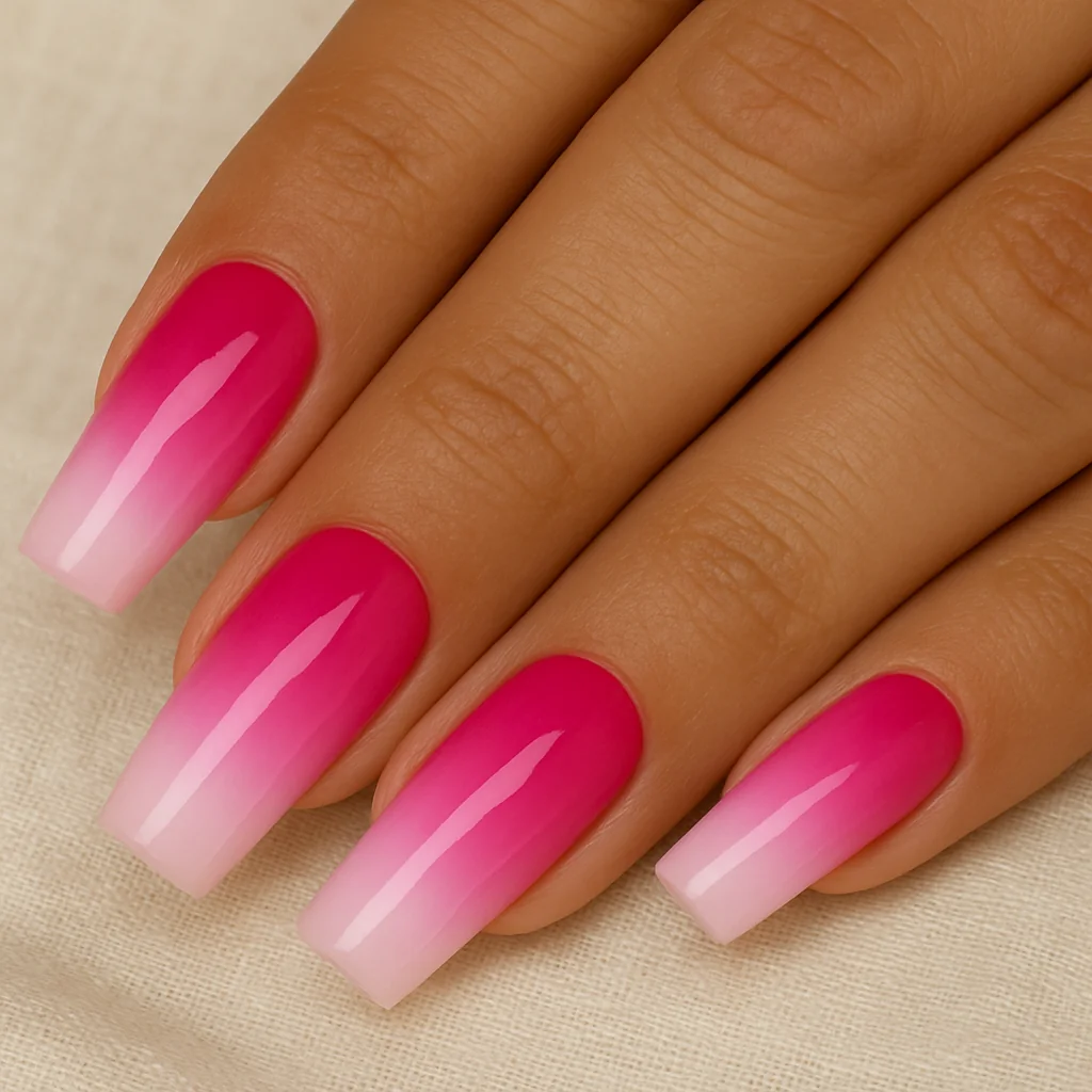 Pink ombre nails magenta cuticle to baby pink tip on medium coffin nails on olive tan skin on cream linen — gradient pink nail 2026