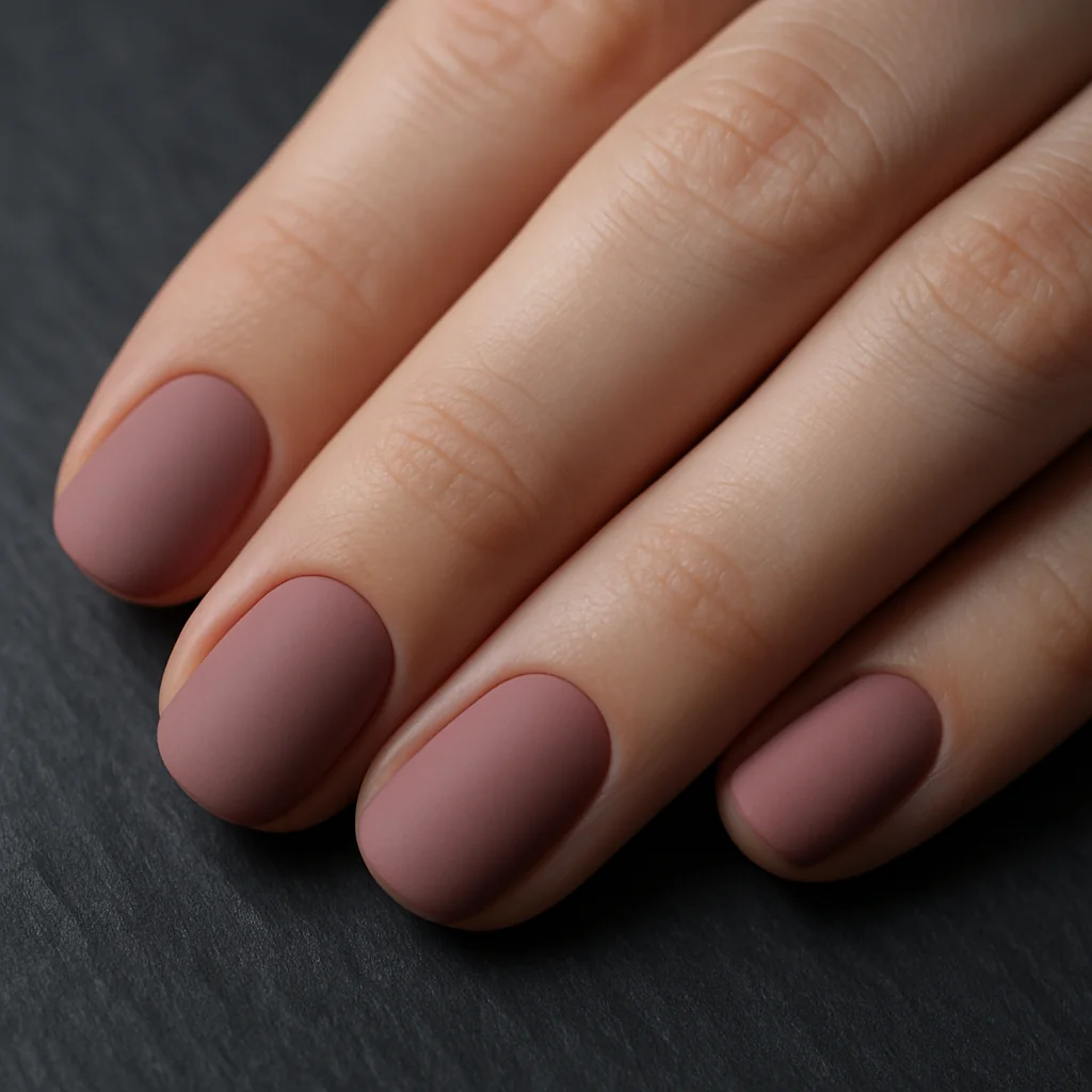 Dusty mauve pink matte nails with zero shine on fair cool skin on dark slate — quiet luxury pink nail 2026