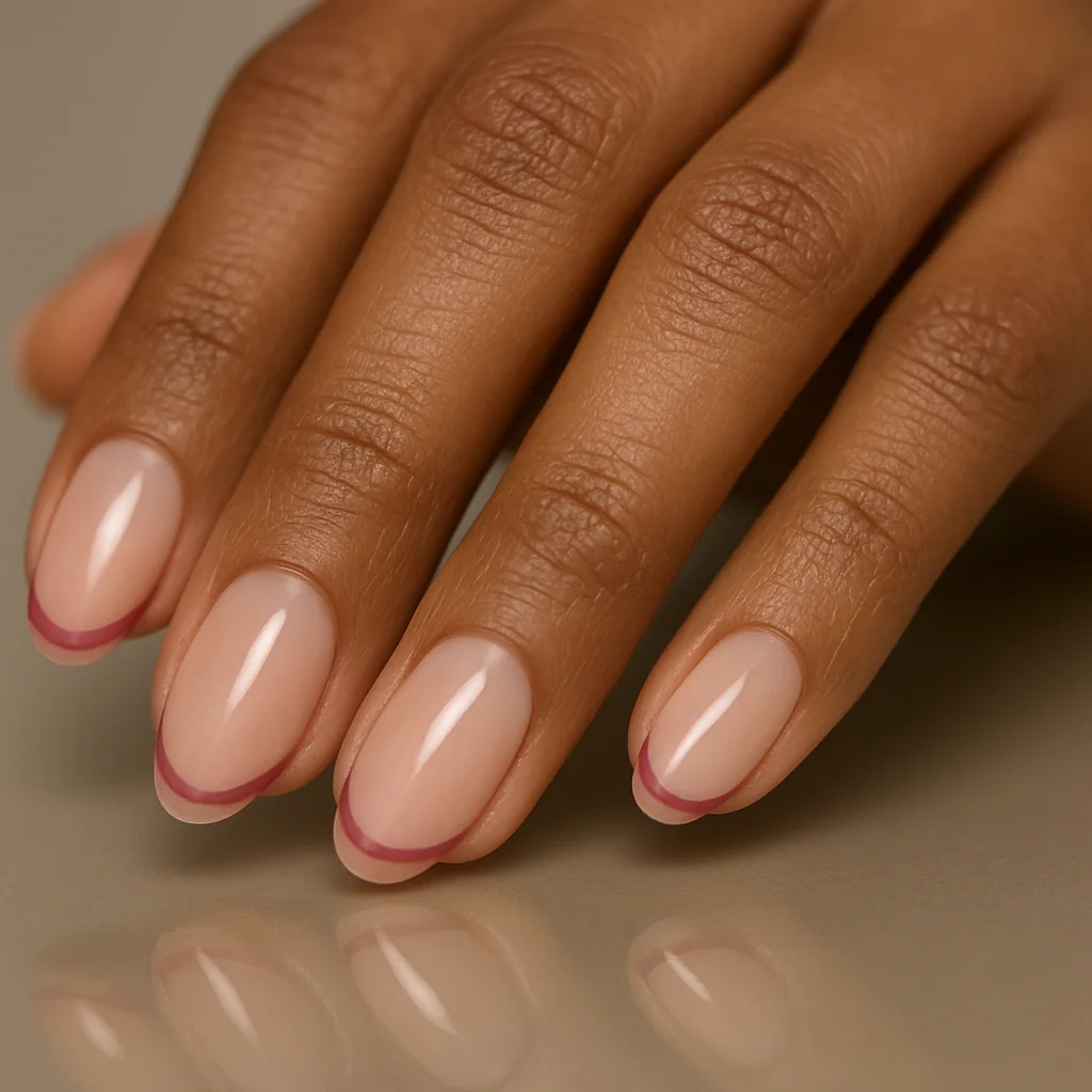 Short almond nails with precise rose-pink French tip arc 1.5mm wide on sheer nude base on warm brown skin — elegant pink manicure 2026