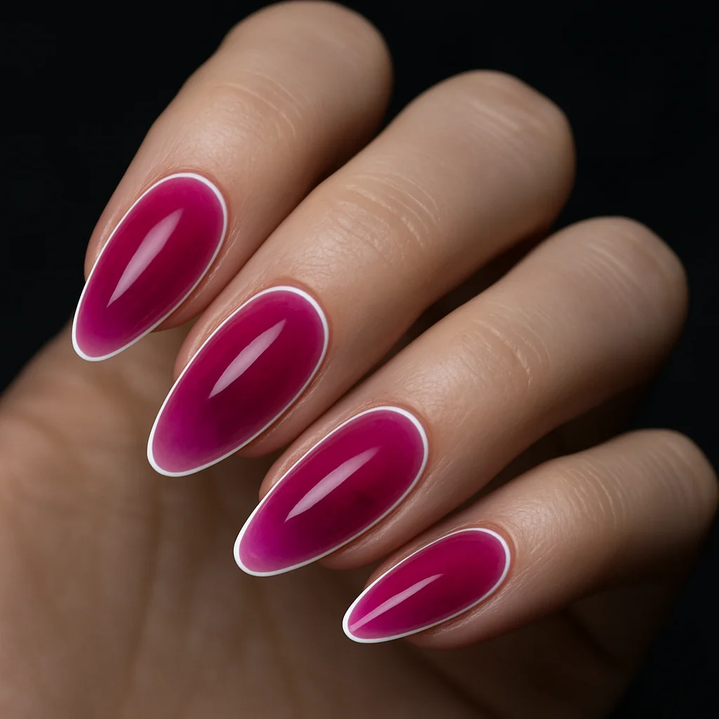 Pink aura nails with fuchsia cloud center and white outline halo on medium fair skin dark background — pink nail trend 2026