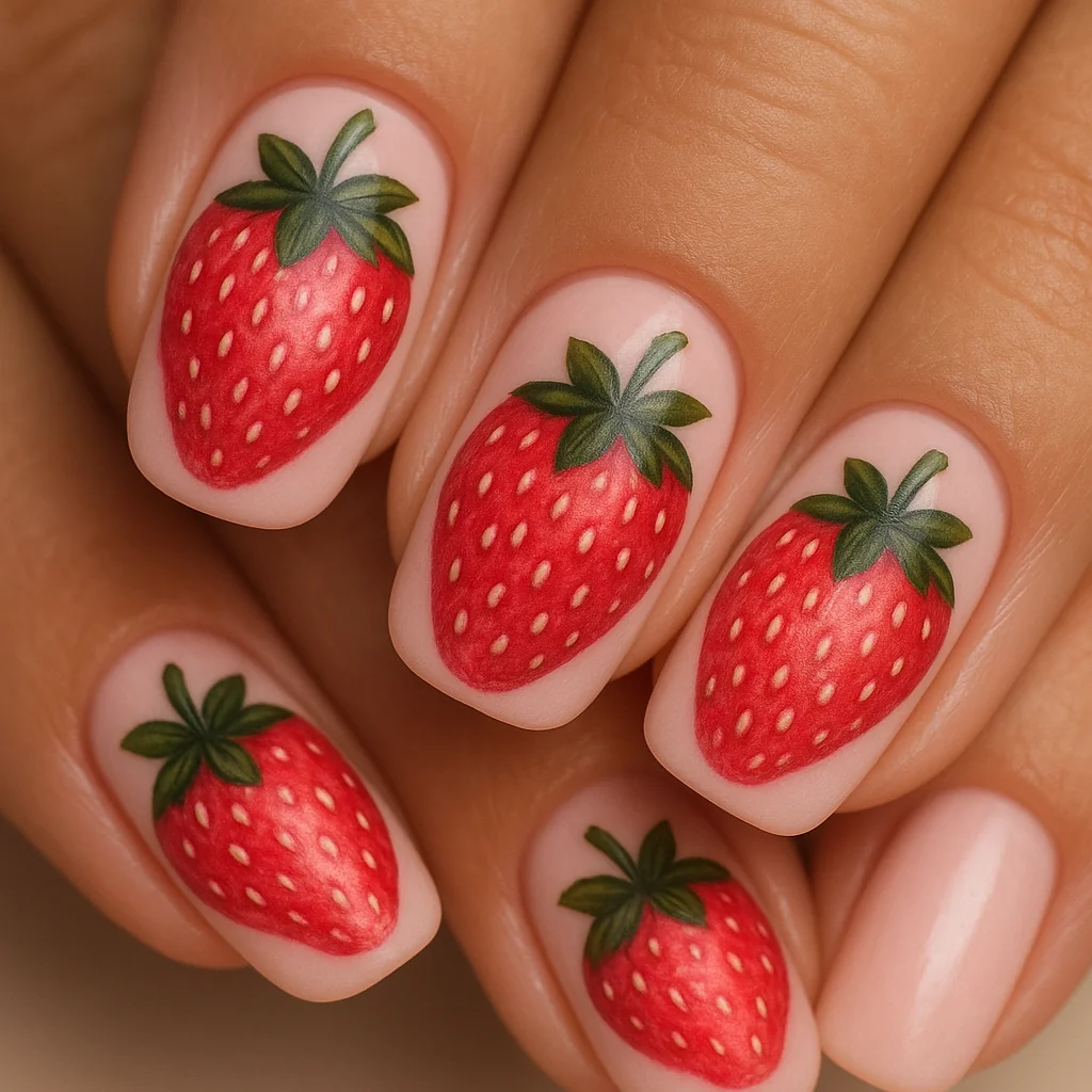 Strawberry nail art with detailed hand-painted strawberries on pale pink base on warm tan skin — pink nail design 2026