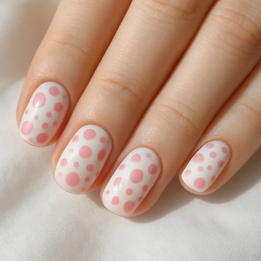 Pink polka dot nails with three size dots asymmetrically scattered on white base on porcelain skin — pink nail art 2026