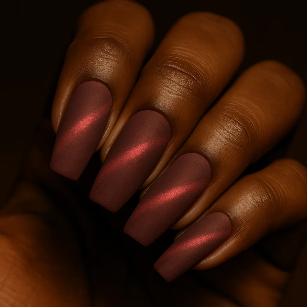 Pink velvet cat-eye nails with diagonal shimmer stripe on deep dusty rose base on dark espresso skin — pink nail trend 2026