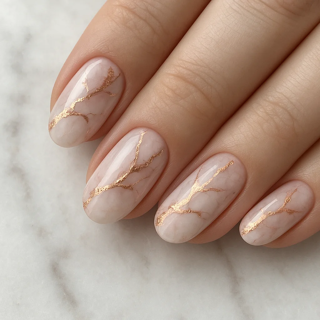 Rose gold foil marble effect nails on white-pink base on pale cool skin — elegant pink nail art 2026