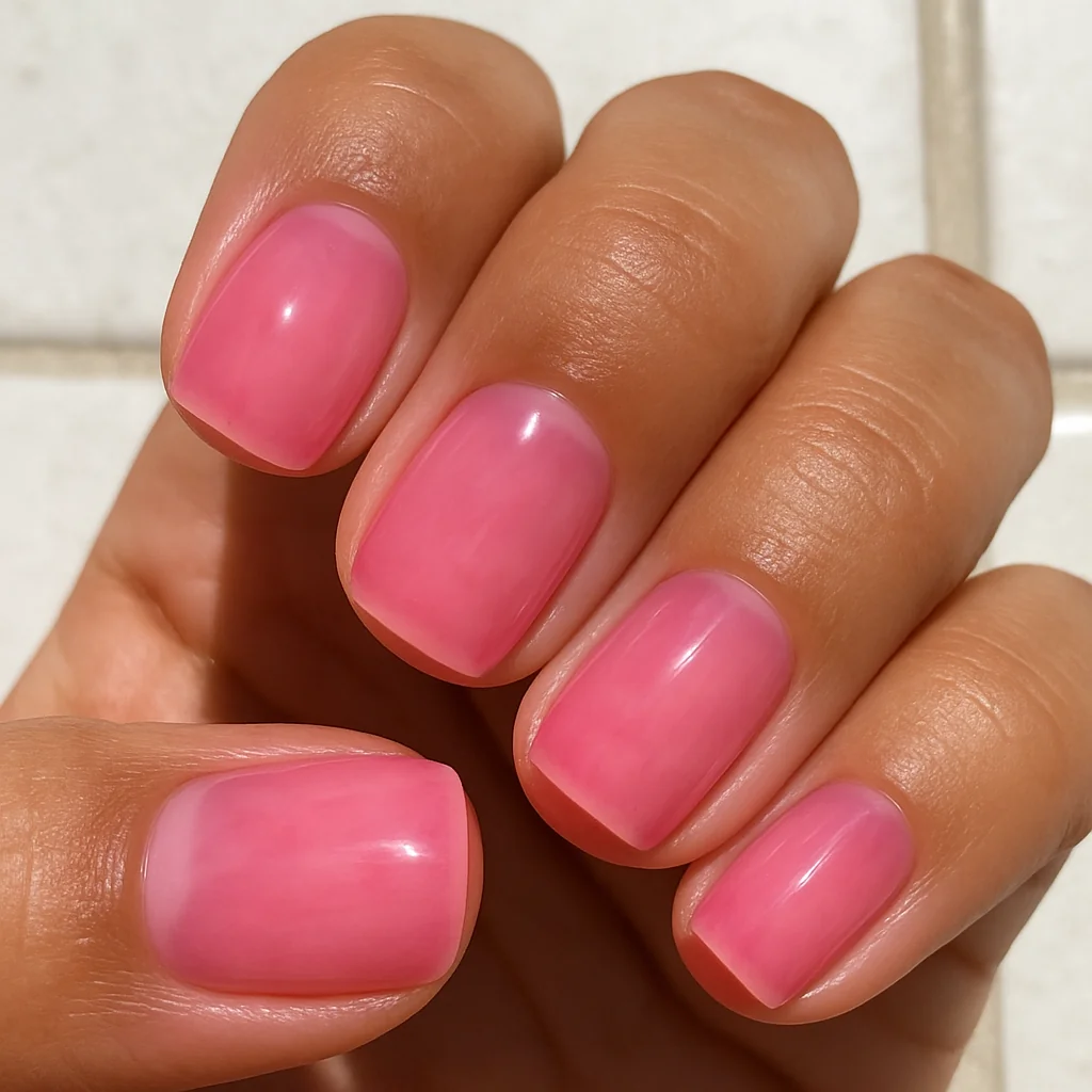 Translucent jelly pink nails with watercolor tint depth on medium olive skin on white tiles — pink nail 2026