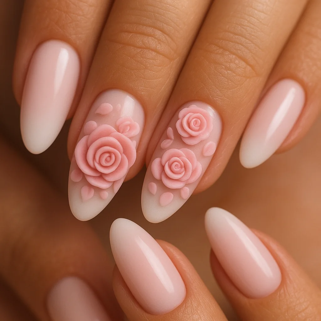 3D sculptured pink gel roses in two sizes on white-pink base on warm golden skin — luxury pink nail art 2026