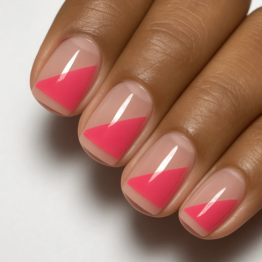 Pink negative space geometric triangle on clear gel base on medium warm brown skin white background — modern pink nail 2026