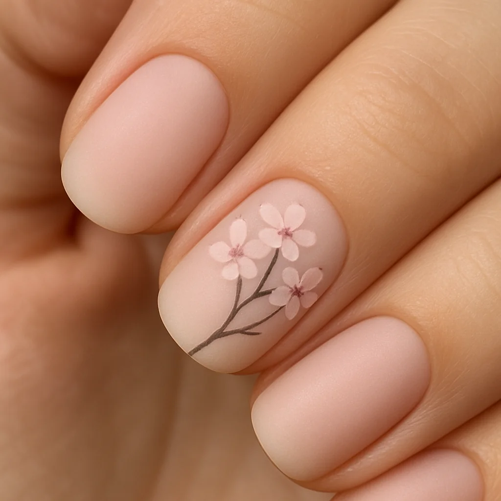 Ballet pink nails with hand-painted cherry blossom branches on ring finger on fair skin — delicate pink nail art 2026