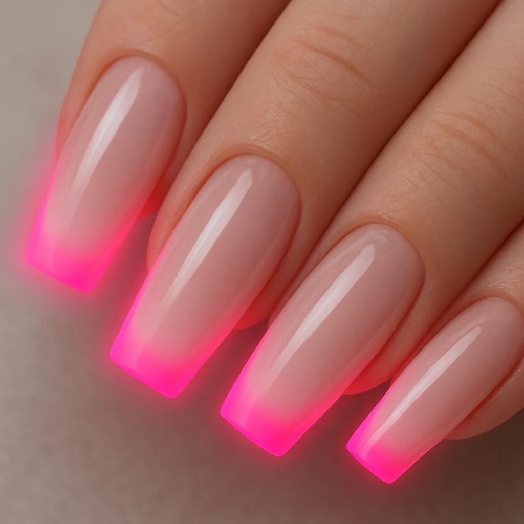 Neon pink to white French ombre tip nails on medium coffin shape on fair skin — bold pink nail design 2026