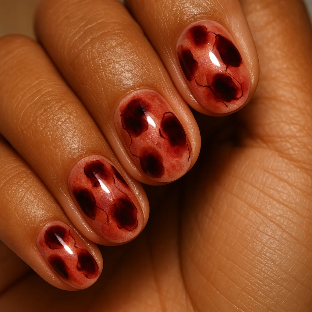 Pink tortoiseshell nail art with rose-gold base and burgundy-brown clusters on medium tan skin warm light — abstract pink nail 2026