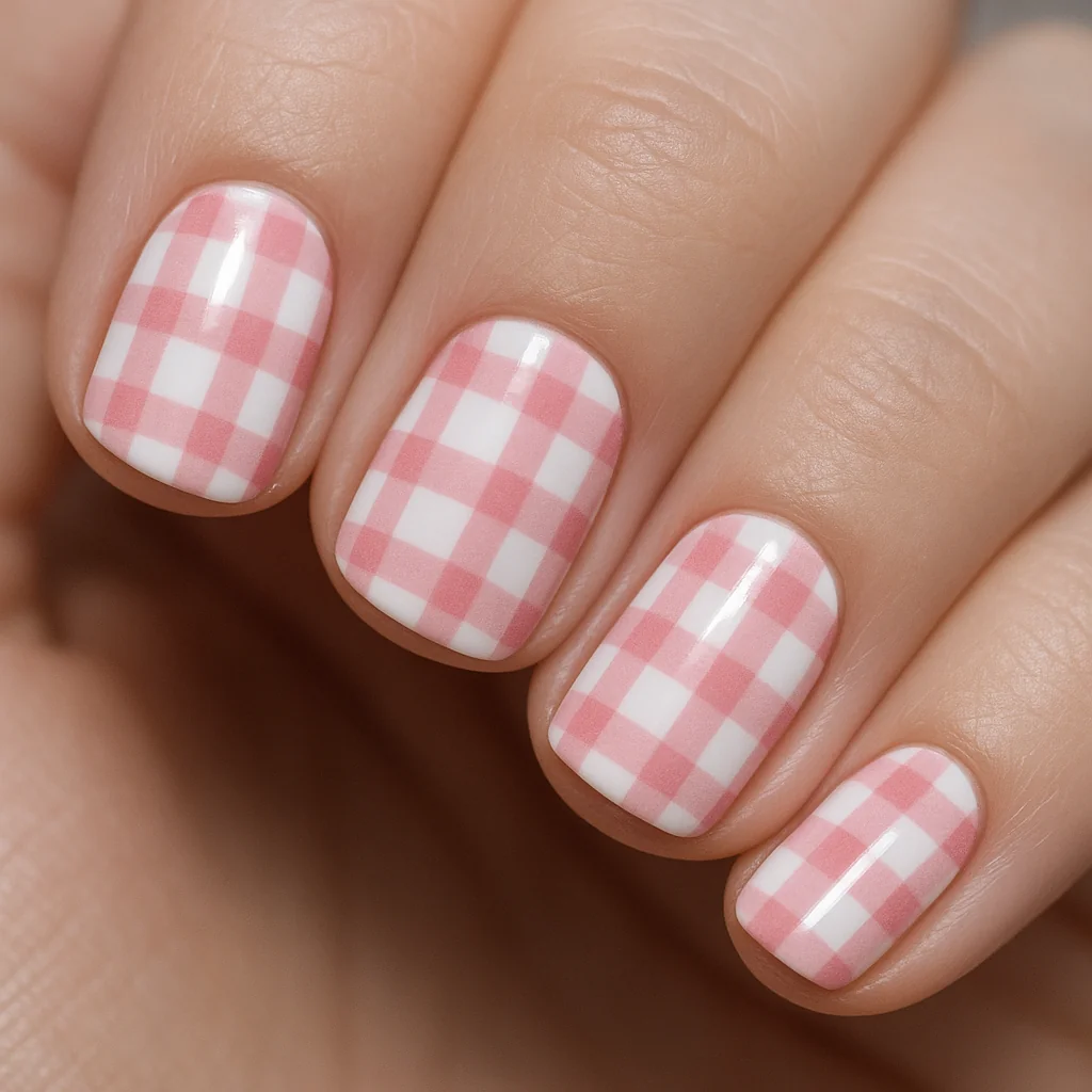 Pink gingham pattern nails with hand-painted grid on white base on fair cool skin — pattern pink nail art 2026