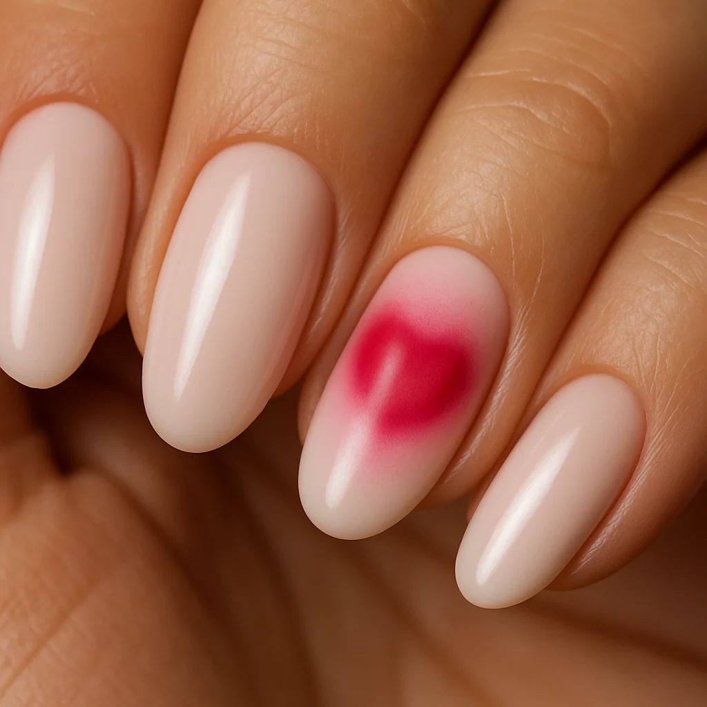 Milky pink nails with hot pink aura heart on ring finger on warm olive skin — pink nail art 2026