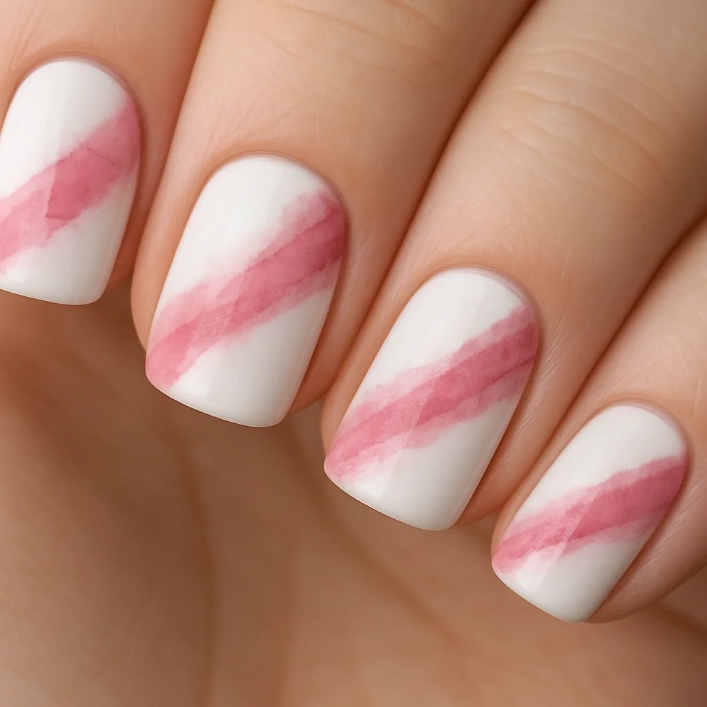 Watercolor diagonal pink wash nails with overlapping translucent bands on white base on pale fair skin — abstract pink nail art 2026