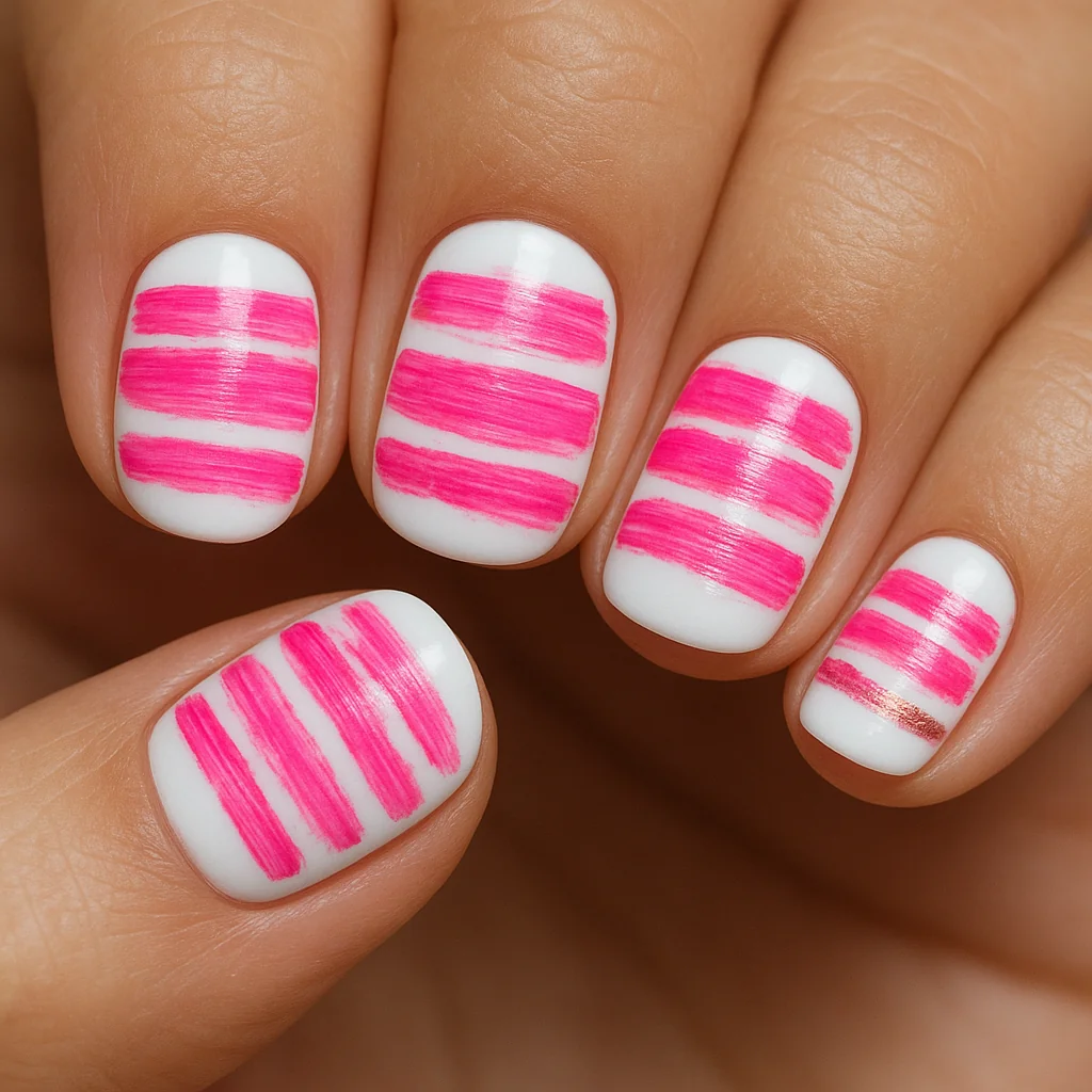 Hot pink horizontal brushstroke stripe nails with visible brush texture on light medium skin — abstract pink nail art 2026