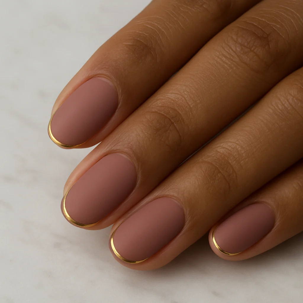 Dusty rose matte nails with single hair-thin gold edge line on warm medium brown skin on marble daylight — quiet luxury pink nail 2026