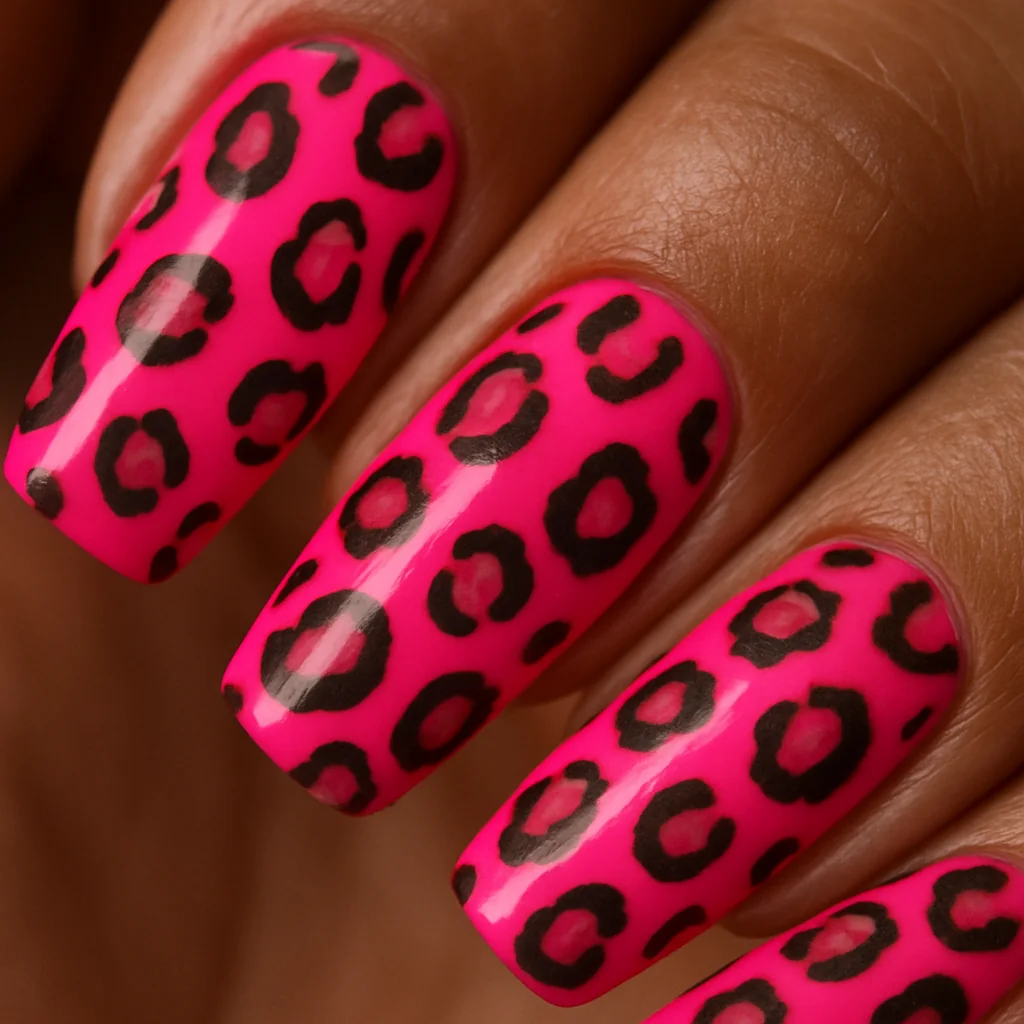 Hot pink leopard print nails with dark charcoal spots and C-shaped tick marks on dark skin — bold pink nail art 2026