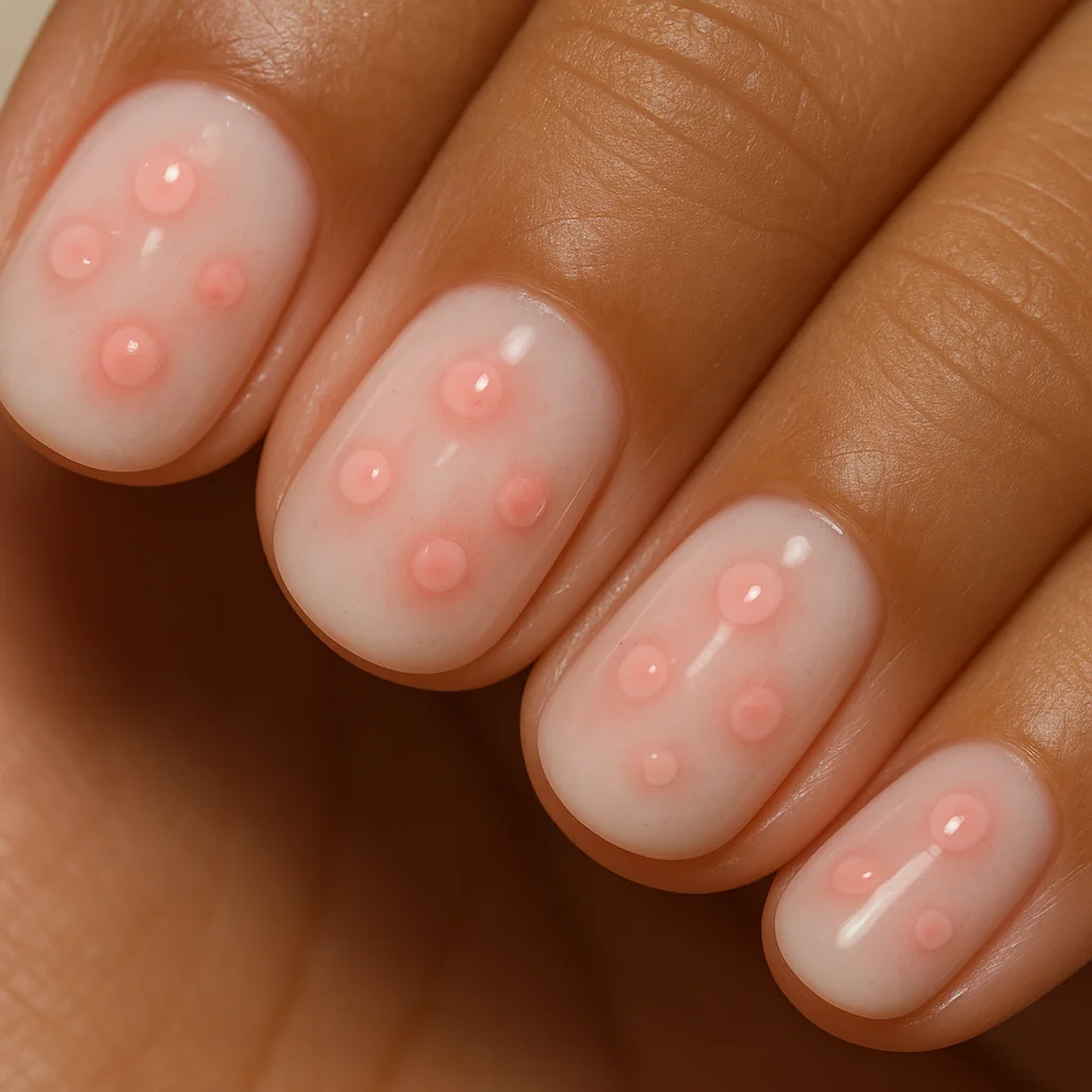 Strawberry milk nail effect with pink dye-drop blobs on warm milky base on warm tan skin — pink nail design 2026