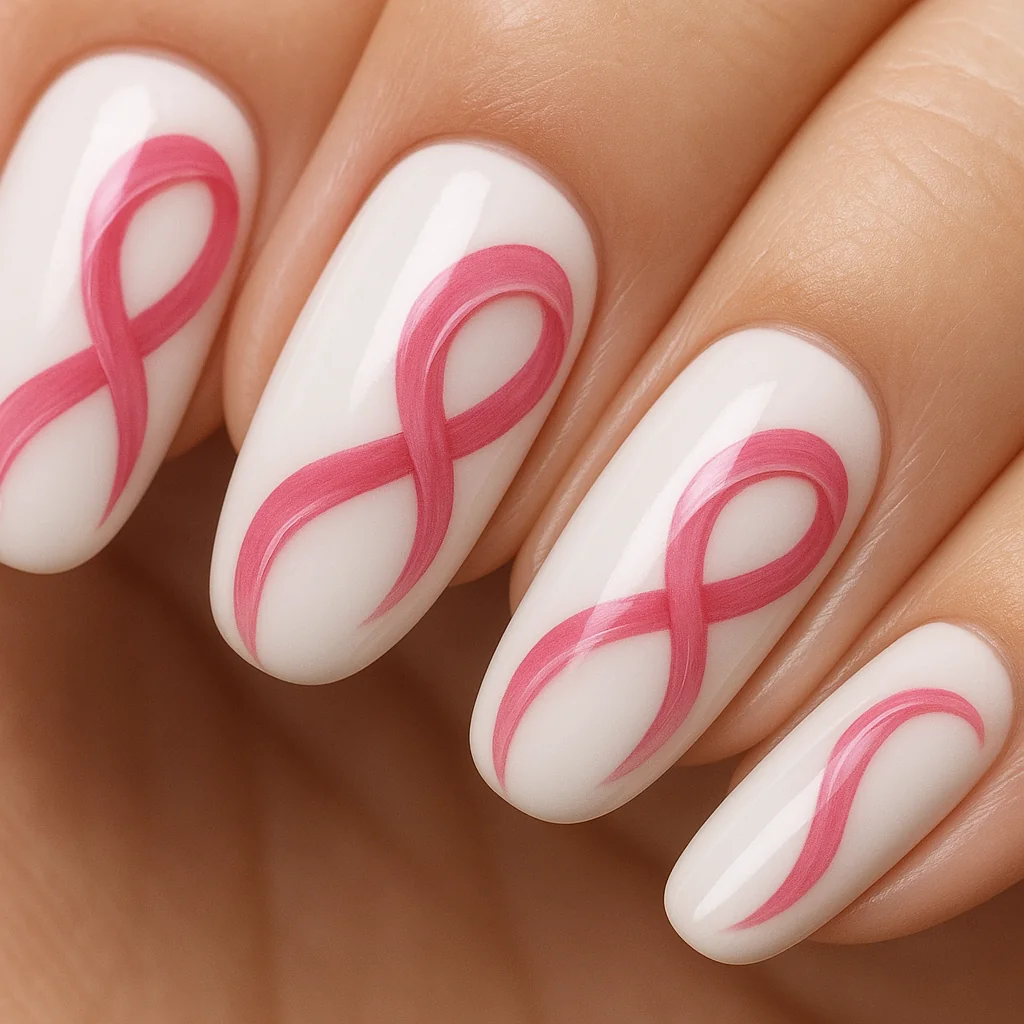 Pink ribbon swirl nail art with medium rose S-curve ribbon across each nail — pink nail design 2026