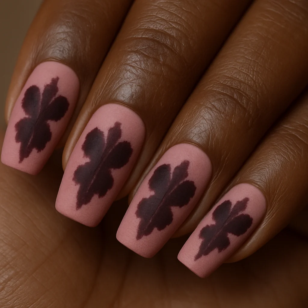 Dusky rose matte nails with symmetrical burgundy ink blot Rorschach shape on deep brown skin — abstract pink nail art 2026