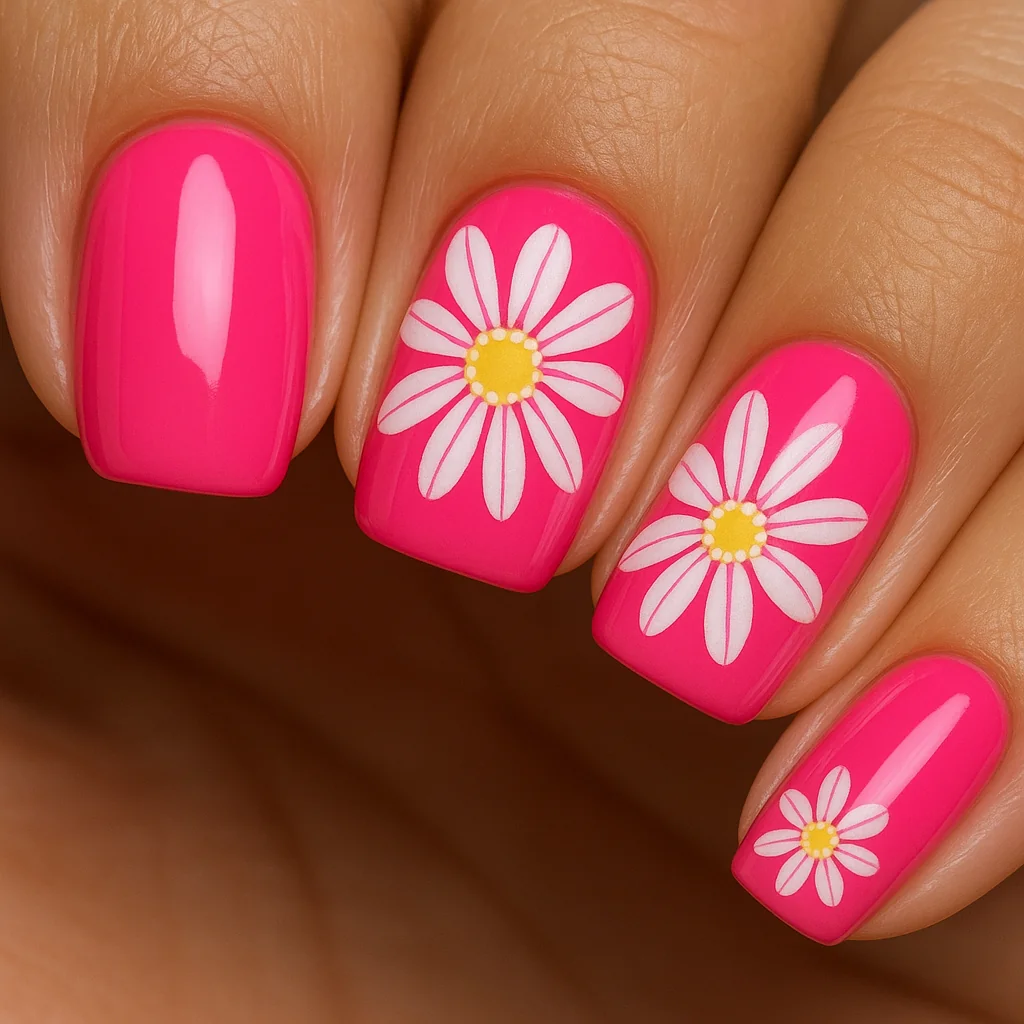 Hot pink barbie nails with white daisy flowers hand-painted on accent nails on warm tan skin — pink nail art 2026