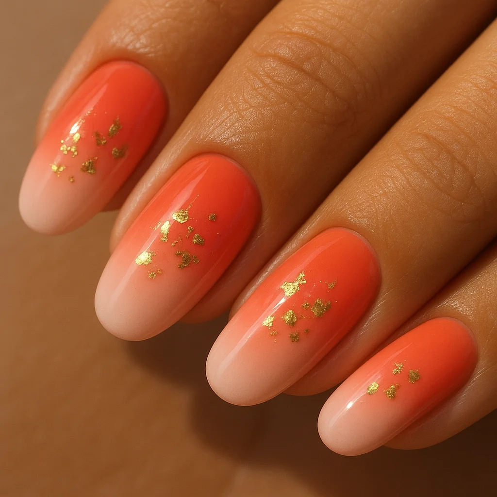 Coral pink sunset ombre with gold foil fragments at gradient transition on medium olive skin warm light — pink nail art 2026