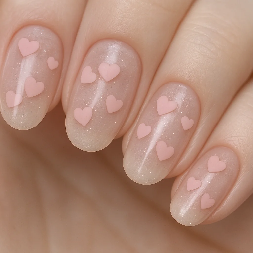 Sheer pink gel nails with 3D floating hearts at different depths on pale fair skin — pink nail art 2026