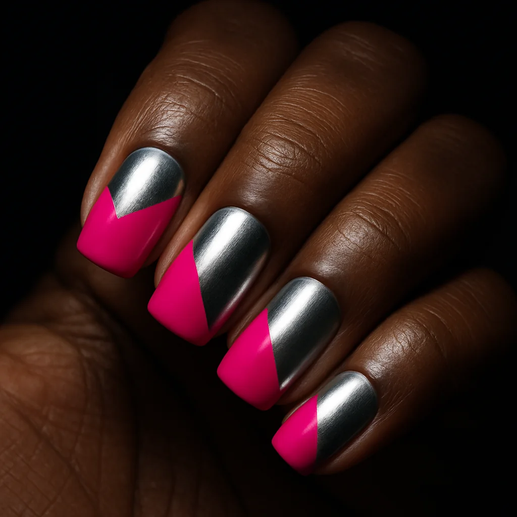 Pink and silver chrome diagonal color block nails on deep dark skin with single spotlight — graphic pink nail 2026