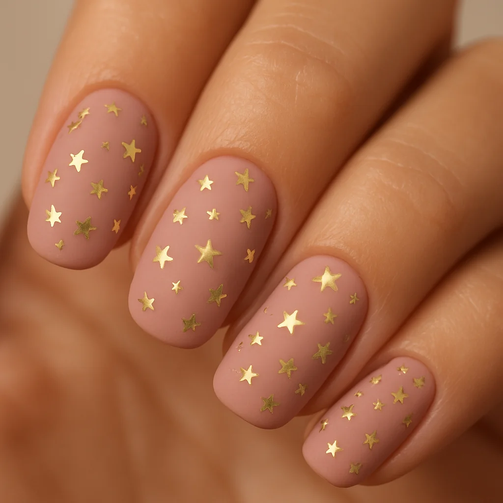 Dusty blush pink matte nails with scattered metallic gold five-pointed stars on warm tan skin — pink nail design 2026