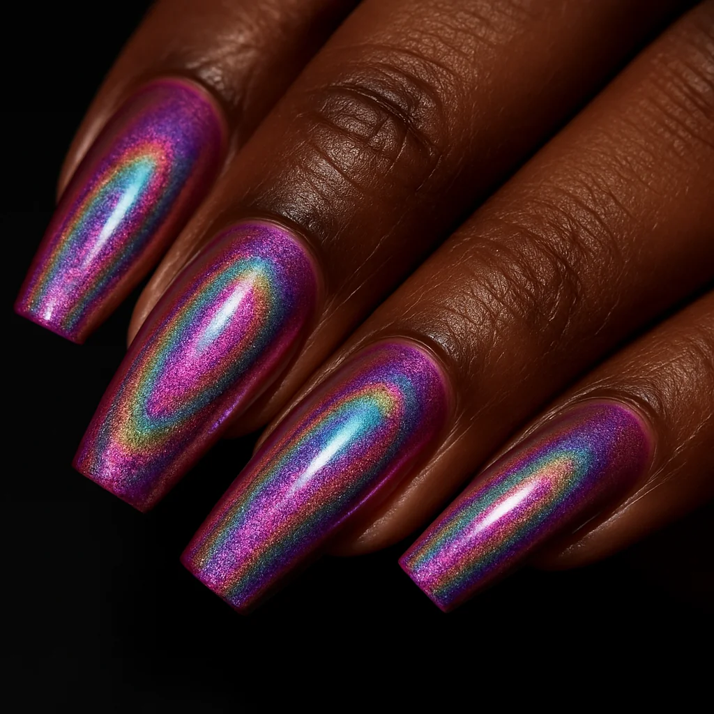Pink oil-spill holographic iridescent nails on deep rose base on dark espresso skin dramatic lighting — pink nail 2026