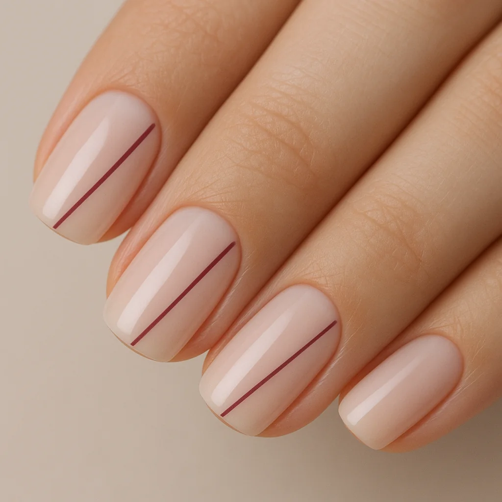 Milky pink glaze nails with single diagonal burgundy-rose line on each nail on fair skin — minimalist pink nail 2026